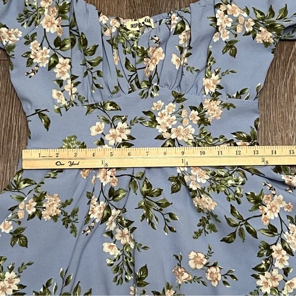 Inspired Hearts Floral Romper Blue Puff Sleeve Square Neck Ruffle | Size: Med - Picture 4 of 7